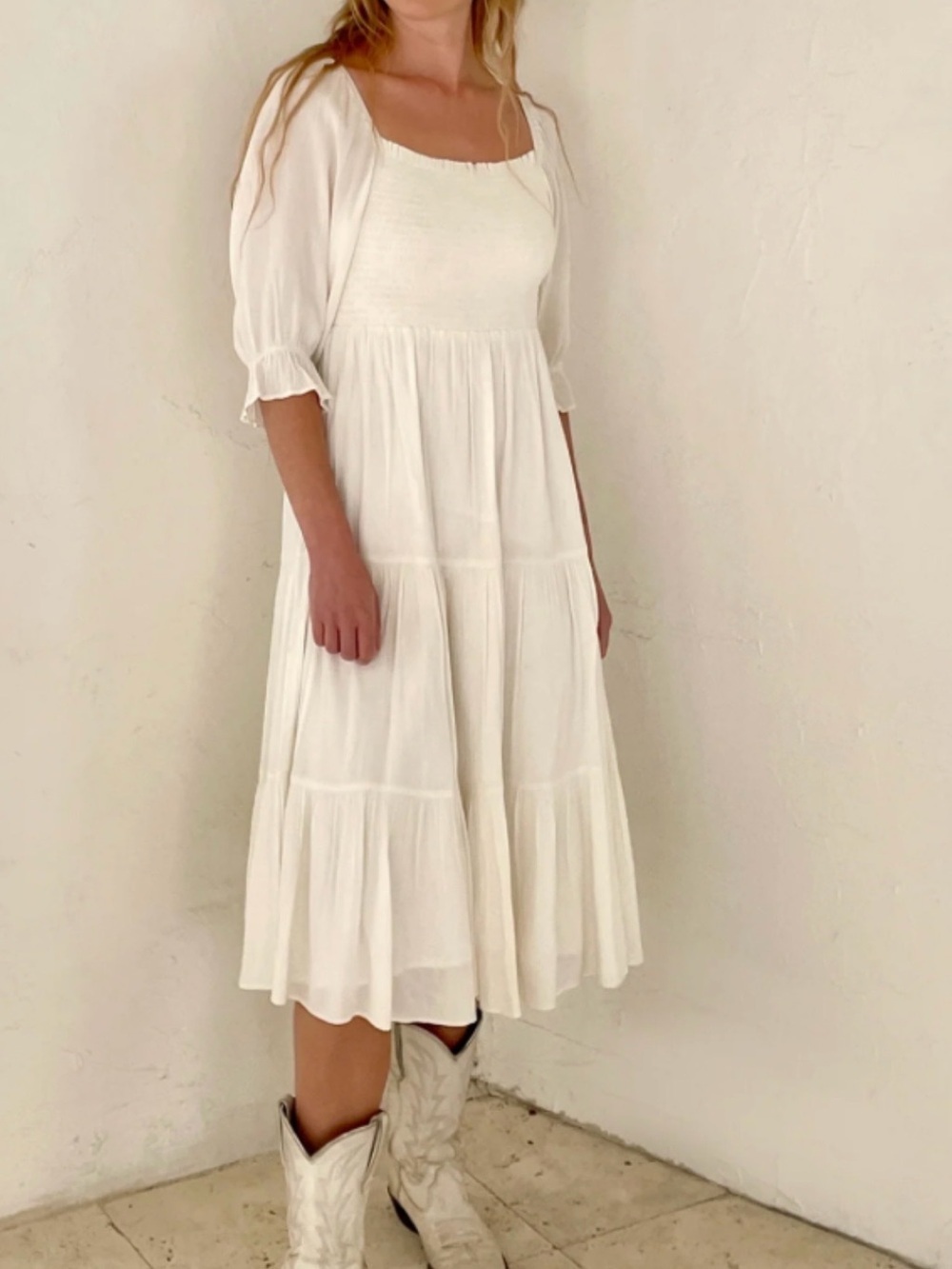 White Smocked Midi Dress with Square Neck 0240